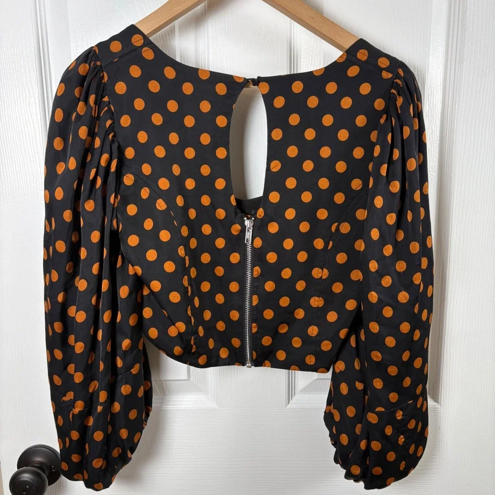 For Love & Lemons Polka Dot Puff Sleeve Keyhole Back Crop Top Women's Size M